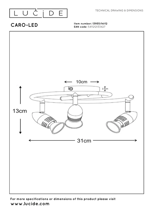 Lucide CARO-LED - Plafondspot - Ø 31 cm - LED - GU10 - 3x5W 2700K - Mat chroom - technisch